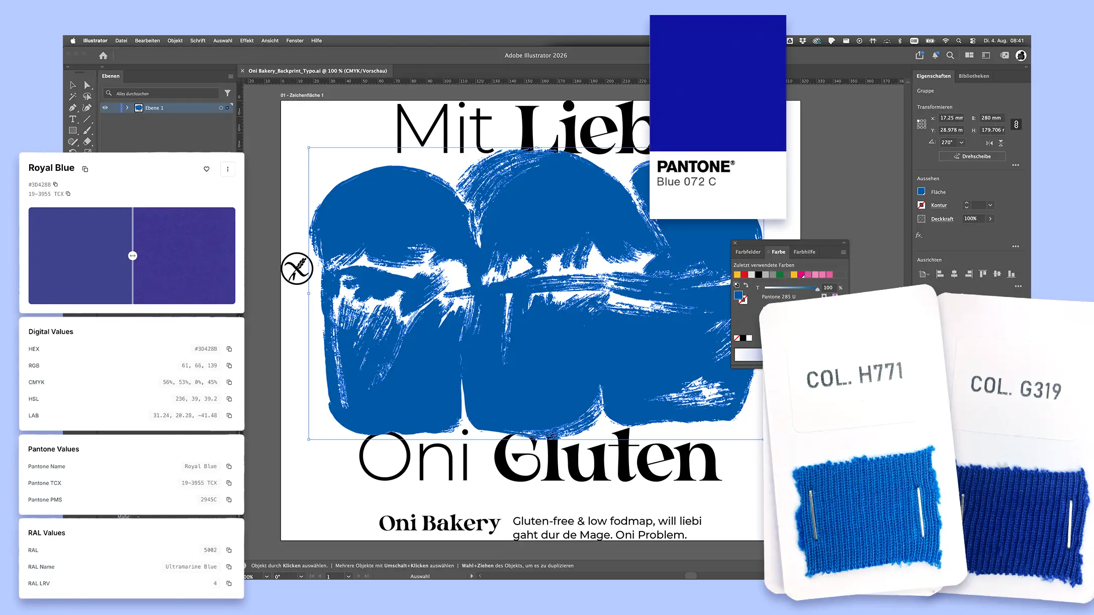 Ein Markenblau im Abgleich mit Pantone-Referenzen und gestrickten Garnmustern