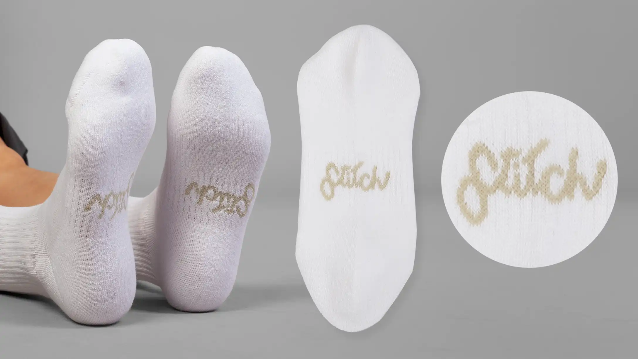 Detailaufnahme des eingestrickten Logos im Sockenmaterial