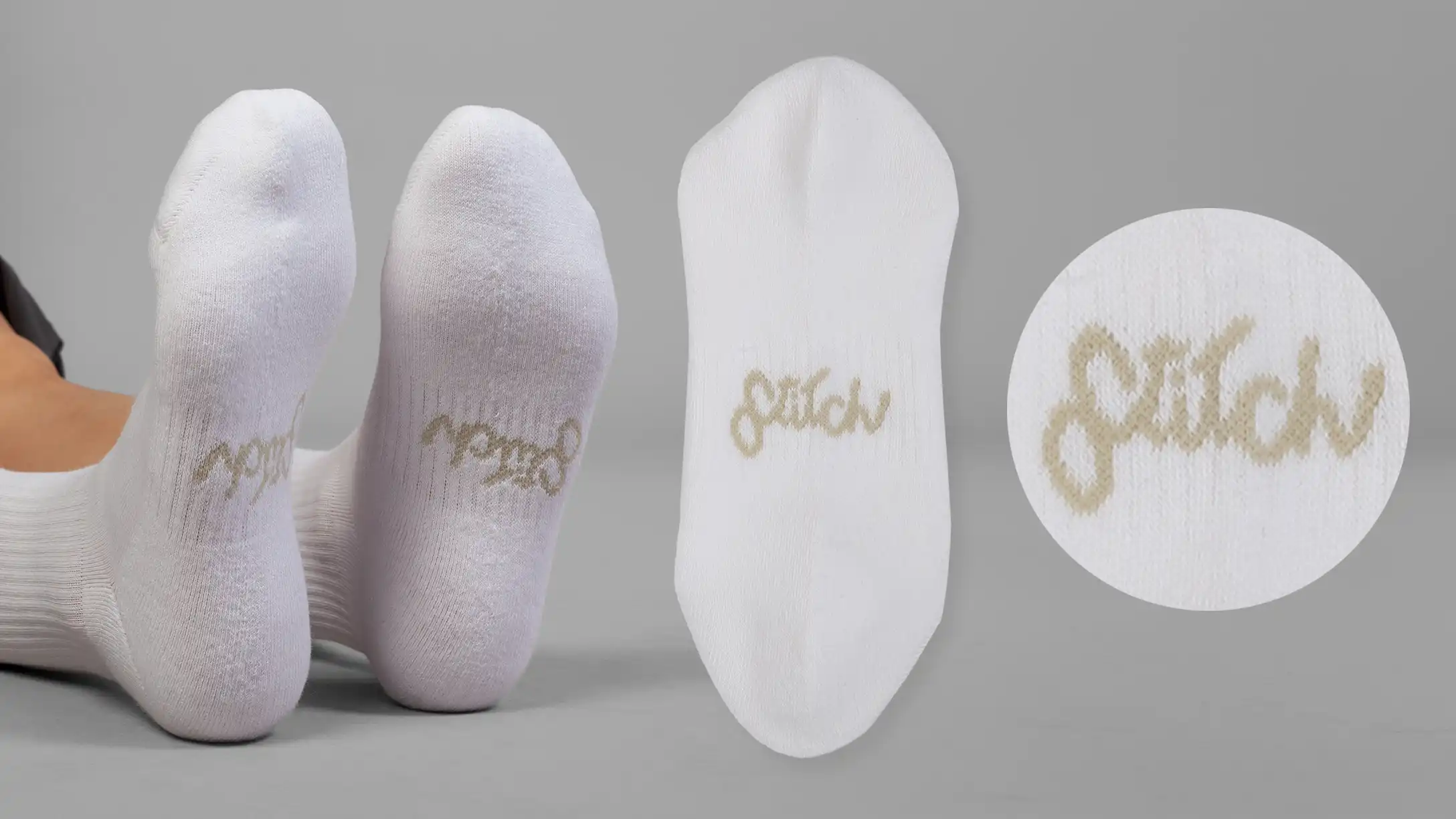 Detailaufnahme des eingestrickten Logos im Sockenmaterial