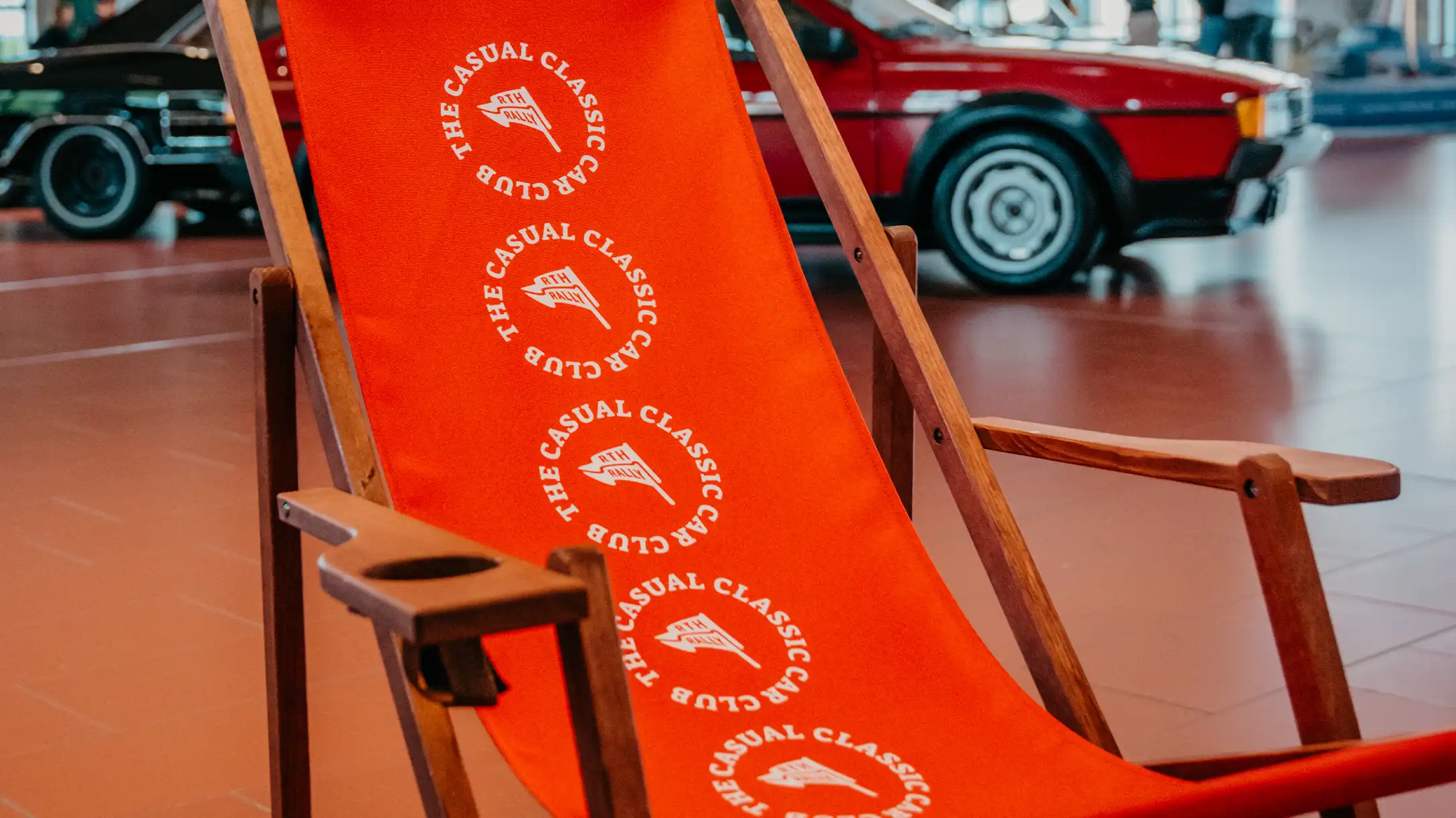 Road to Hell deck chair at event with vintage cars blaenk studio Zurich
